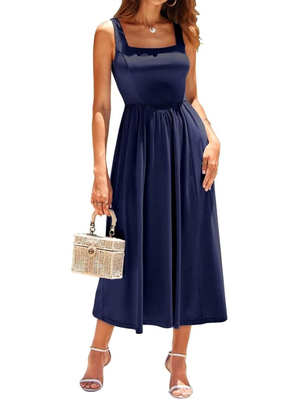 Spring Midi Dress for Women - Square Neck, Sleeveless, A-Line, Casual Sundress - Picture 2 of 7
